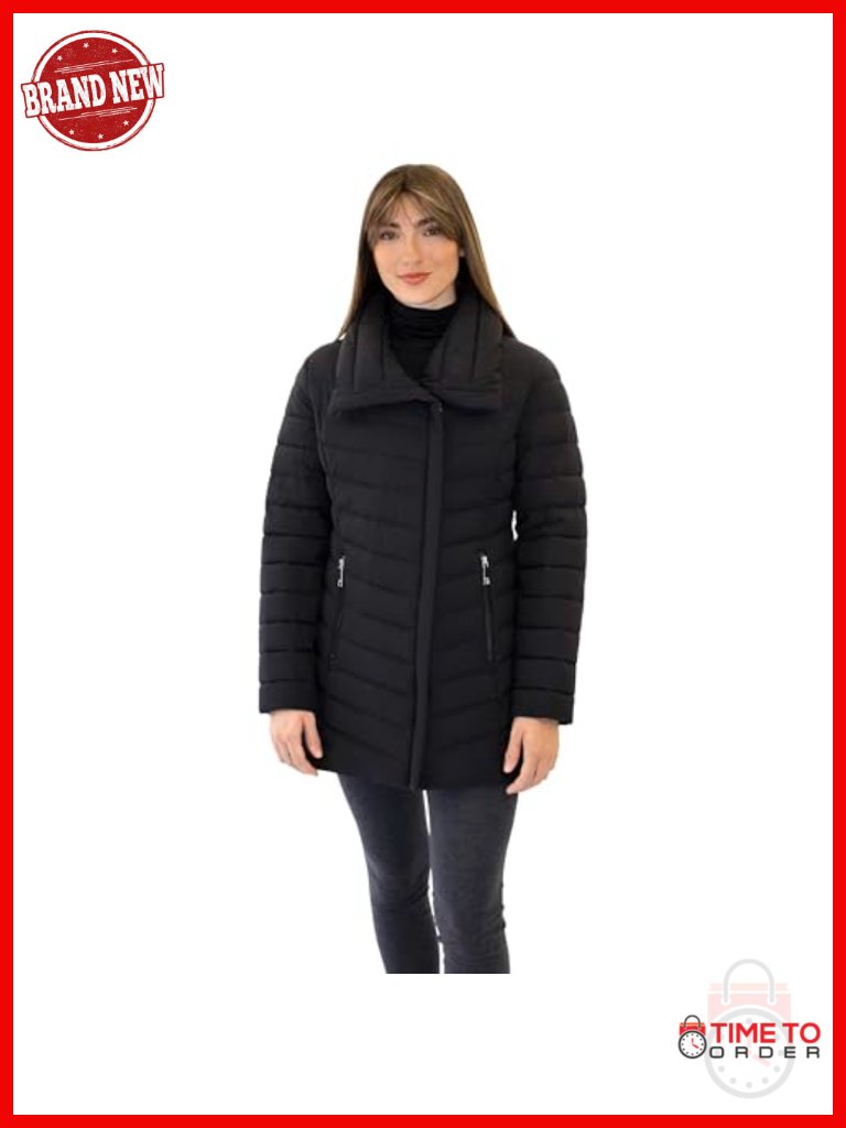 Women's 29-Inch Short Puffer Coat With Chevron Quilting And Stand Collar